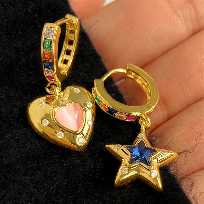 HangZhi 2021 Vintage Colorful Zircon Heart Star Asymmetry Drop Earrings Geometric for Women Girls Party Jewelry Gifts