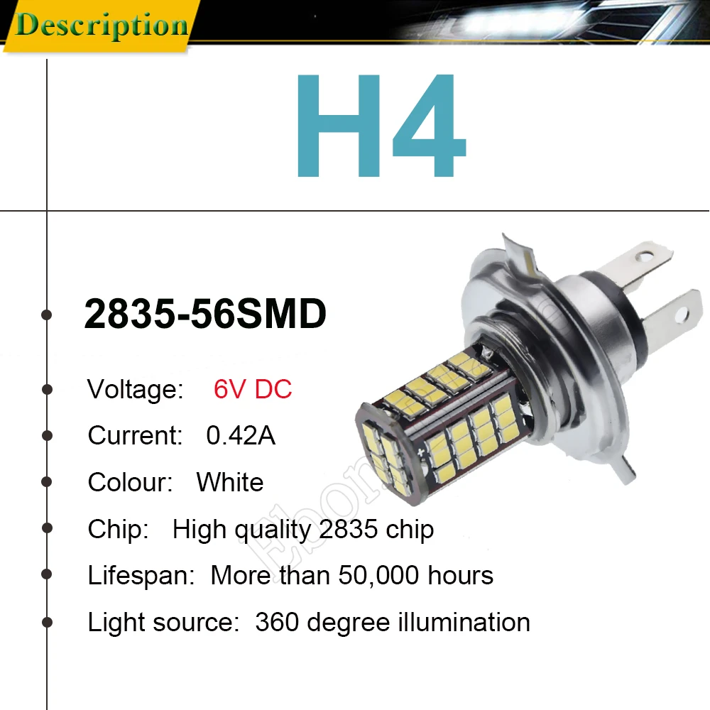 1/2 Pcs 6V H4 HB2 9003 LED Bulb 56SMD Motorcycle Headlight Light White High Low Beam Scooter Headlamp Moped Motorbike Headlamp