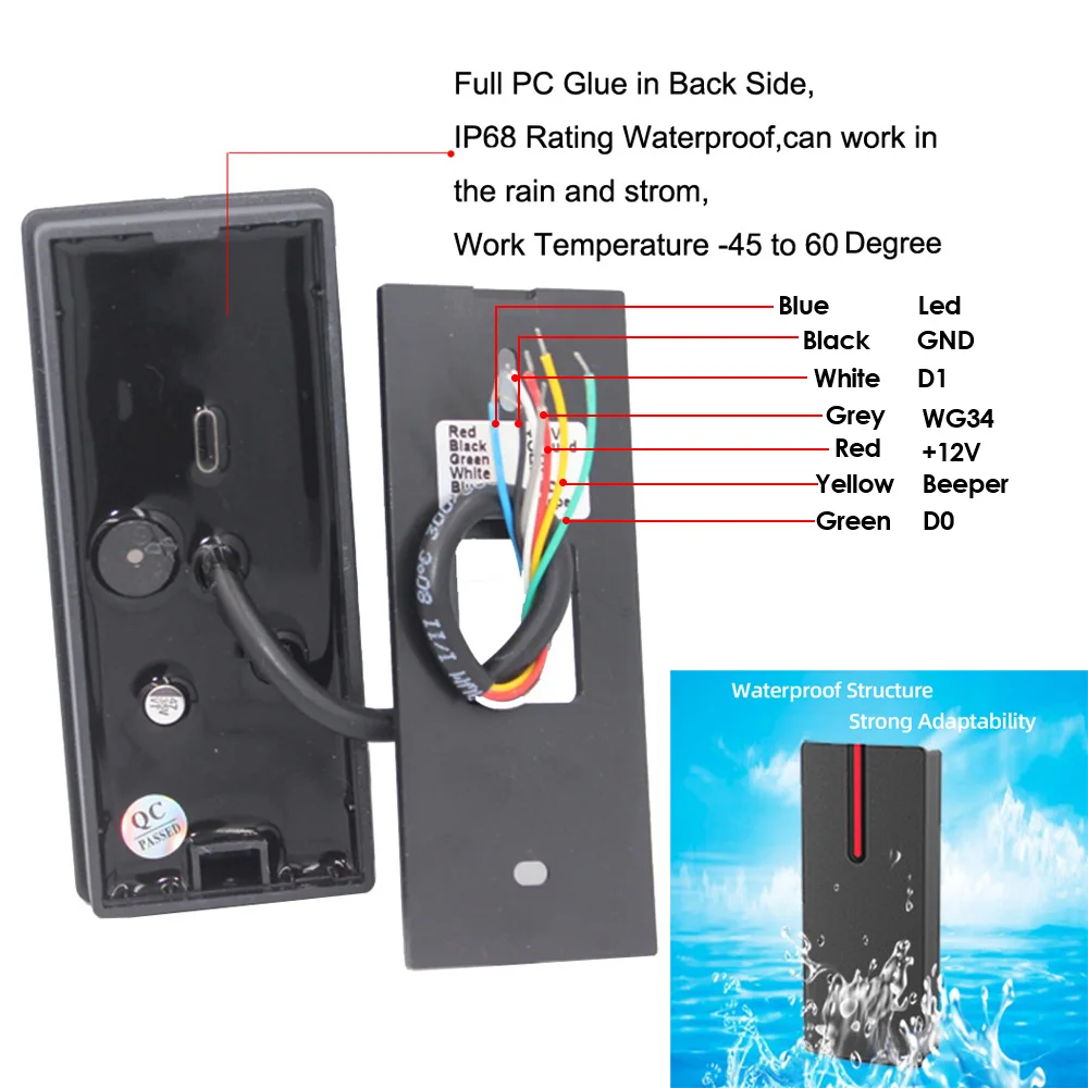 IP68 Waterproof Wiegand 26 Output 125Khz/13.56Khz RFID Proximity Card Reader Access Control Slave Reader UP002