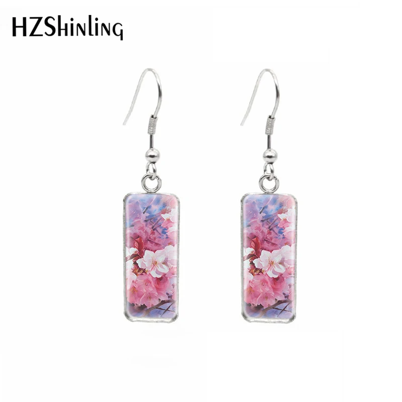 2021 New Fashion Cherry blossoms flower paintings Rectangular Hook Dangle Earrings Glass Cabochons Ear Jewelry