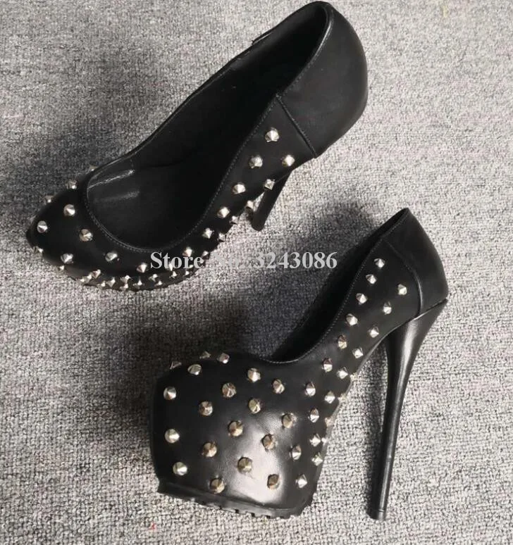 New Black Leather Rivets Platform Shoes Women Sexy Slip-on Stiletto Heel Pumps Lady Studded High Heels Dress Shoes Real Photos