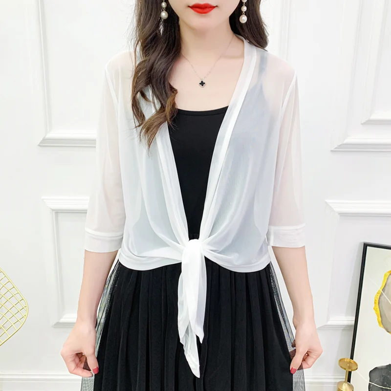 

#5305 Black White Grey Summer Kimono Jacket Women Cardigan Sunscreen Short Mesh Coat Female Loose Sexy See Through Jacket Thin