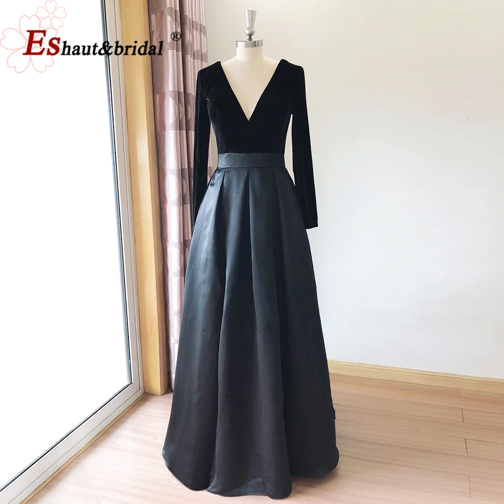 Vestido de noite feminino de veludo, elegante, mangas compridas, decote em v, cetim com fenda lateral, vestido formal, baile de casamento, 2021