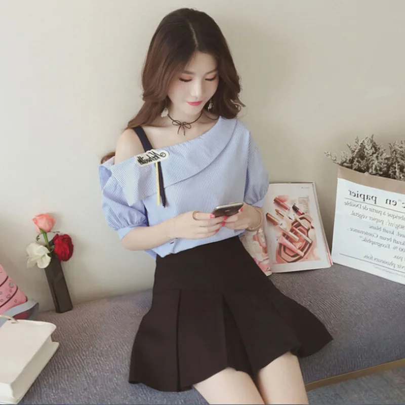 Women Striped Blouses Sexy One shoulder Loose Blue Blouse Lantern Sleeve Spring Button Casual Shirt Tops