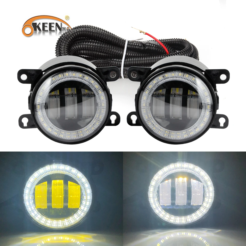 OKEEN 2pcs 4Inch Round Car LED Fog Light 60W 6000K White Angel Eyes DRL Yellow Halo Ring Fog Lamps For Honda Ford Citroen Suzuki