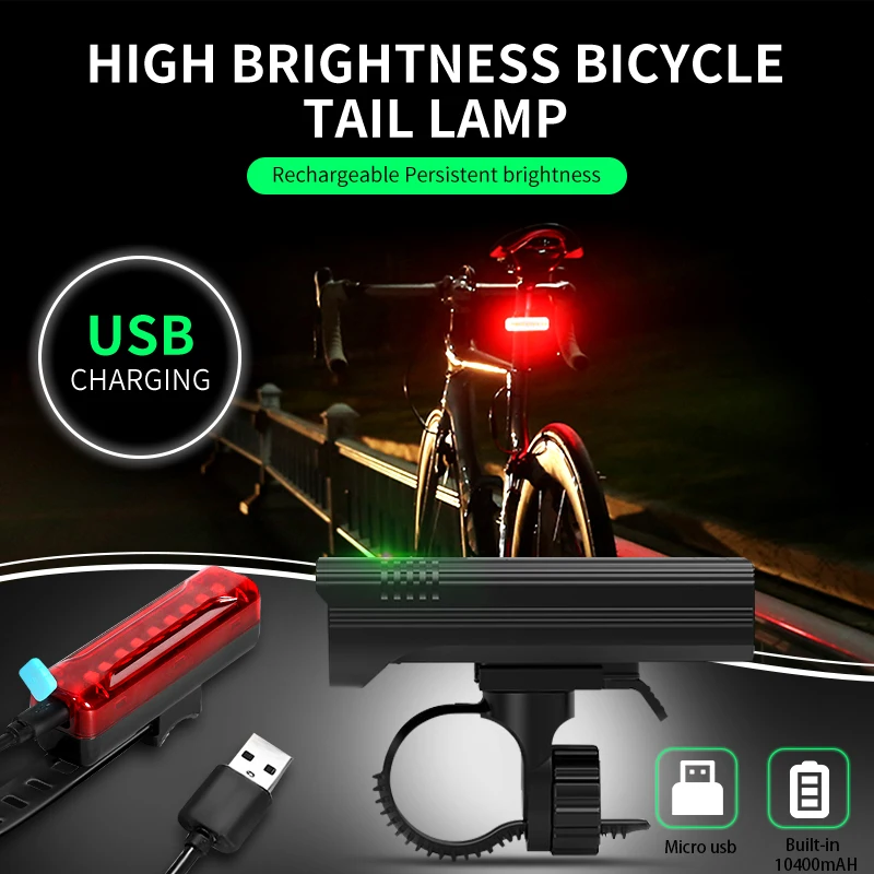 100000LM 10400mAh Bike Light front USB Rechargeable Bike Headlight 6/5/1LED Super Bright Flashlight Front Lights Back Rear