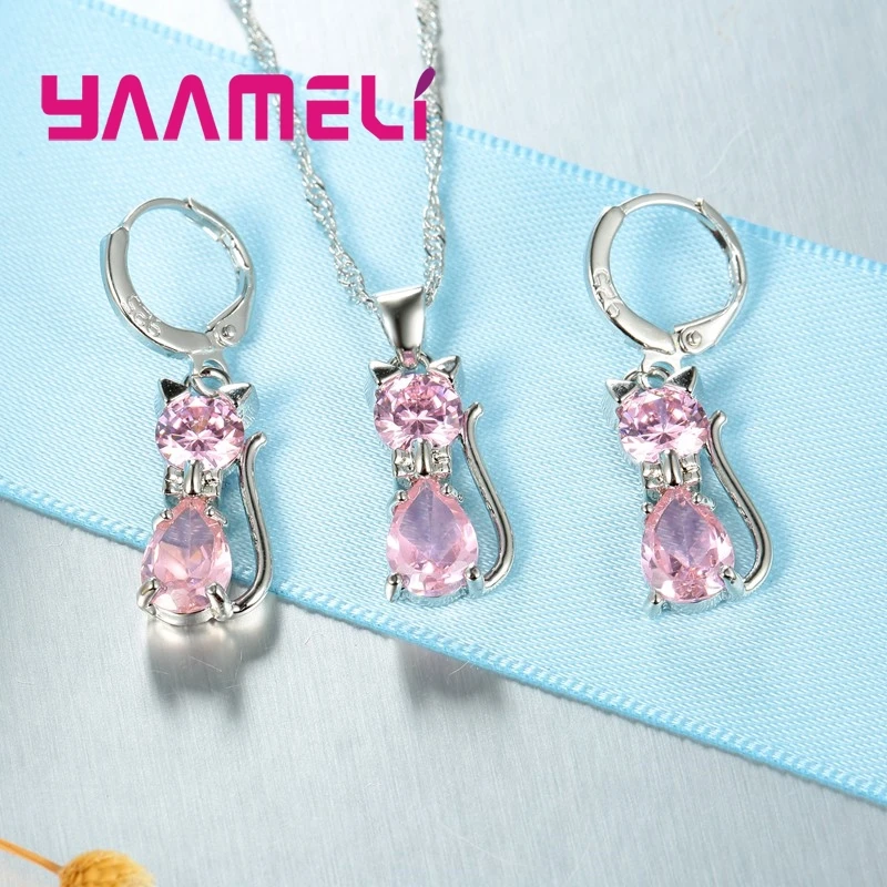 Conjunto de joyería Plata de Ley 925 auténtica para mujer y niña, de gato en colgante collar con 7 colores, cristal austriaco, pendiente Huggie