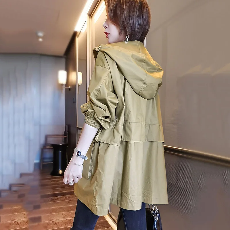 New Women's Long Cotton Trench Coat Spring Autumn Korean Loose Casual Tooling Overcoat Hooded Windbreaker Abrigo Mujer