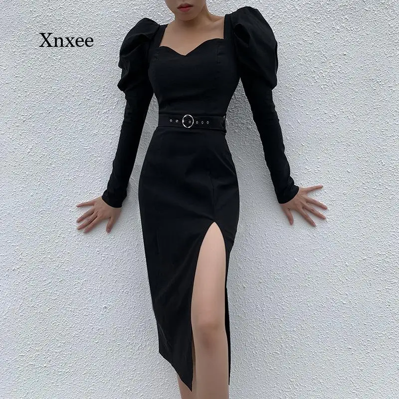 Puff sleeves dress women low square collar Solid high waist vintage long elegant fork black dresses 2021 Spring New bodycon