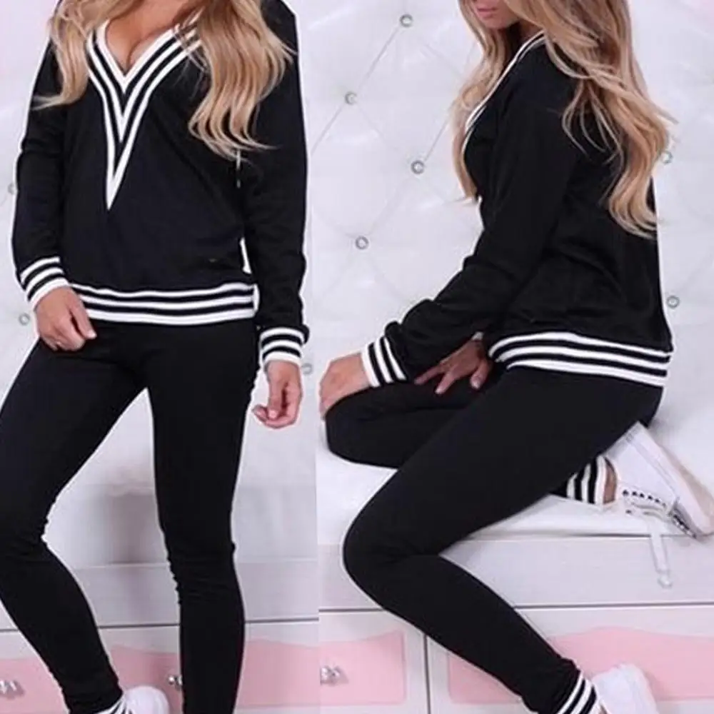 Women Fashion V-neck Sweatshirt Set Top Pants Casual Sportsuit Tracksuit OutfitFemmes camisa chemise camicia Mujer Clothes