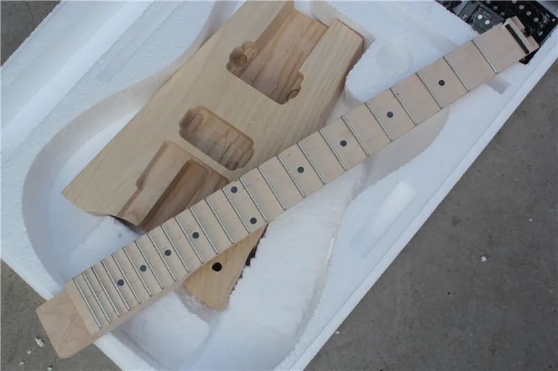 DIY Semi-Finished Headless Ash Electric Guitar Kits without Paint,Scalloped Maple Fretboard