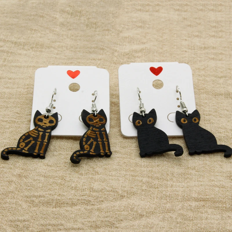 Halloween Wood Skeleton Cat Drop Earrings For Women Kids Gift Horror Creative Cartoon Animal Dangle Earings Party Jewelry W127