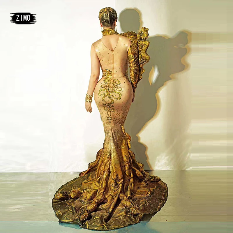 Luxe Strass Gouden Jurk Ruches 3D Print Een Schouder Lange Mermaid Elegant Avond Designer Kleding Drag Queen Podium Outfit