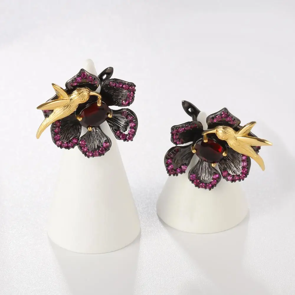 GEM'S BALLET 925 Sterling Silver Secret Garden Clip Earrings Natural Red Garnet Gemstone Bird Flower Earrings For Women Jewelry