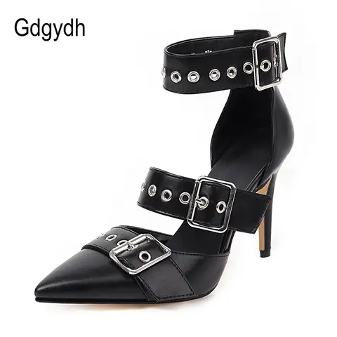 Gdgydh Black Punk Gothic High Heels Sexy Plus Size Pointed Toe Fashion Buckle Rivet Women Pumps Wedding Shoes Stiletto Heels New