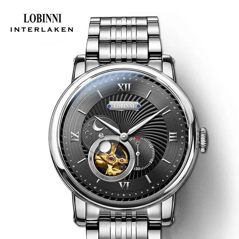 

Брендовые мужские часы LOBINNI, автоматические механические часы с ремешком из нержавеющей стали, мужские часы с сапфировым стеклом, водонепроницаемые часы 50 м