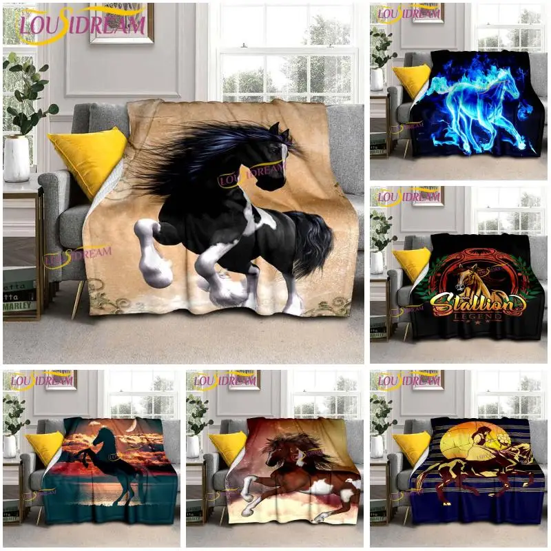 Horse Galloping Blanket Animal Flannel Blankets 3D Art Decor Print Blankets White Horse Blanket Cover Sofa Beds Throw Blankets