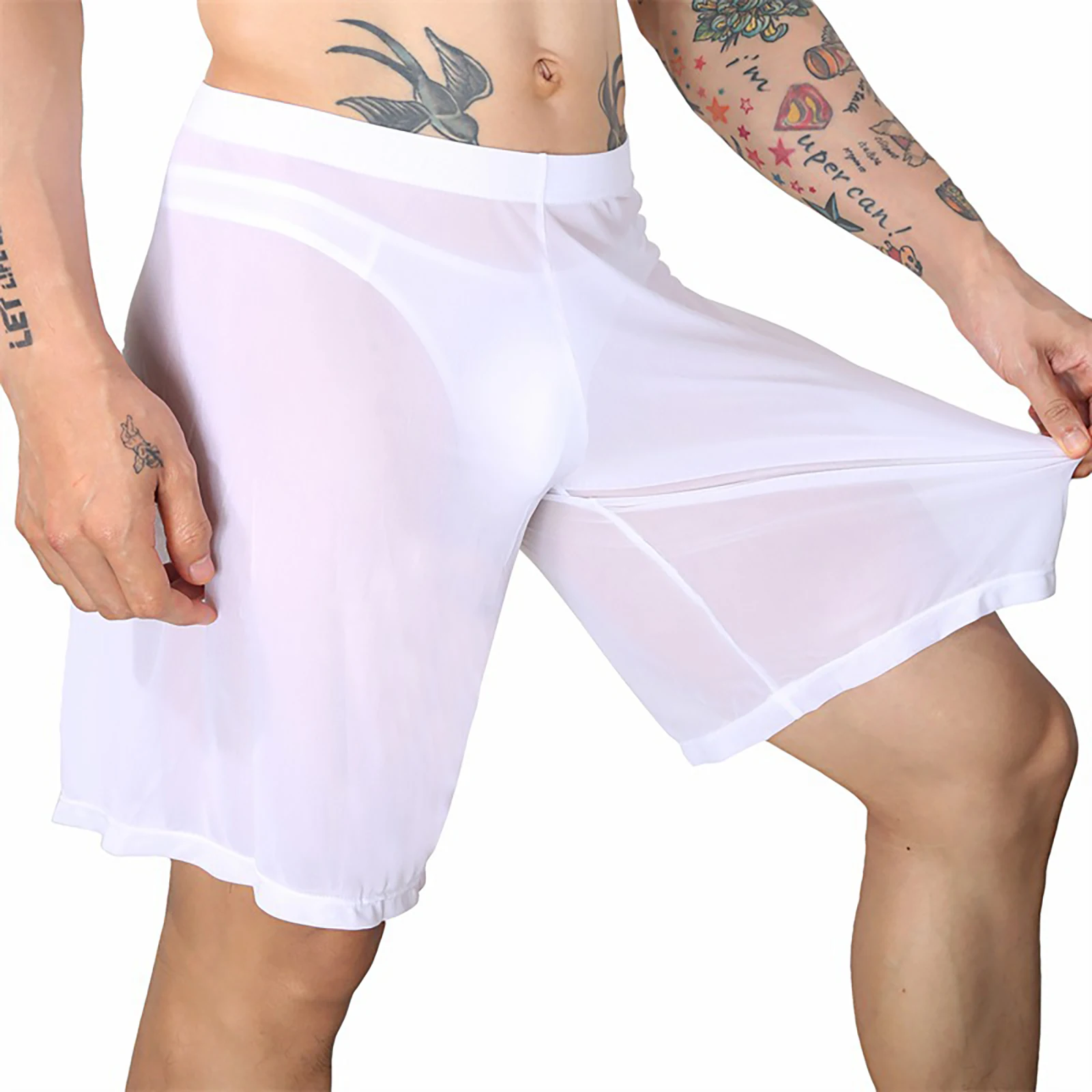 Men White Elastic Waistband See-Through Mesh Pajamas Sleep Shorts Sleeping Bottoms Underwear Sleepwear Loungewear