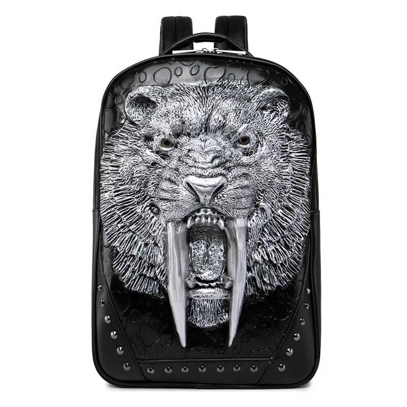 Embossed Panther Head Studded Rivet Men Backpack Women Leather Soft Travel Punk Rock Backpack Laptop School