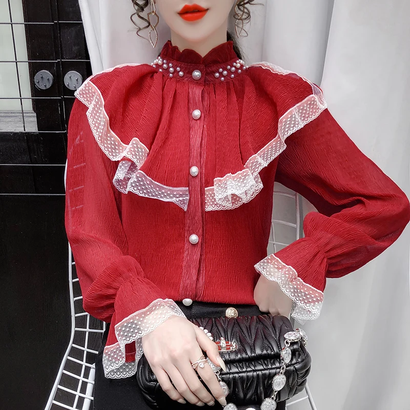 French Vintage Court Palace Style Blouse Long Sleeve Shirt Chic Lace Ruffled Victorian Women Elegant Loose Pearl Beading Tops