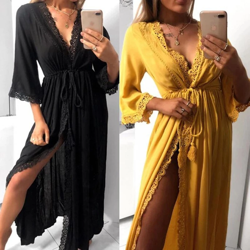 

Beach Cardigan Dress Womens Long Hollow Out Lace Tie Up Waist Slim Fit Long Loose Pajamas Sleepwear Bathrobe Home Wear Summer