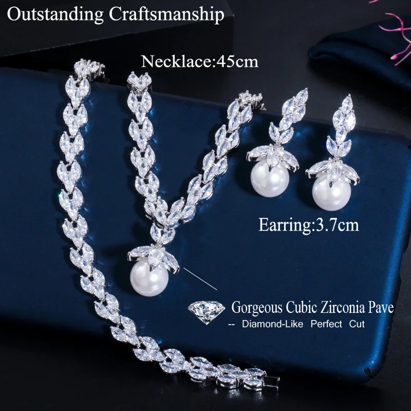 CWWZircons Gorgeous Cubic Zirconia Bridal Pearl Necklace Earrings Sets for Women Wedding Party Costume Jewelry Gift T092