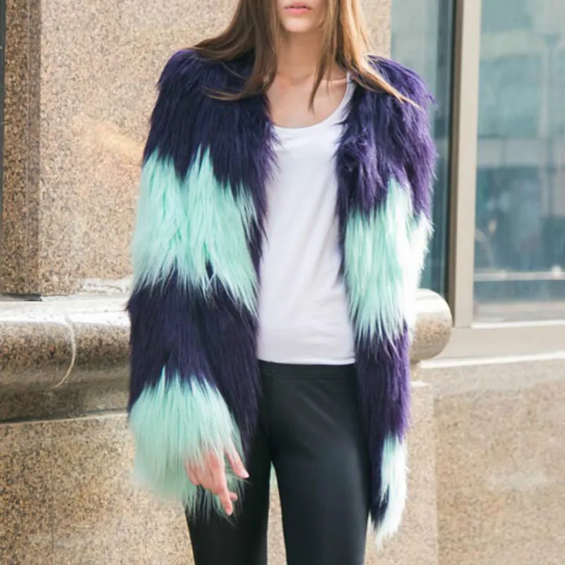 Faux Fox Fur Long Coat Parka Stitching Hit Color Striped Imitation Mink Fur Long-haired Jacket Covered Button Faux Fur Cardigan