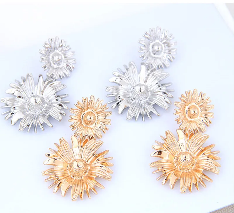 Kymyad Brincos Metal Sunflower Drop Earrings For Women Gold Silver Color Earings Fashion Jewelry Statement Earrings 2019 Earring