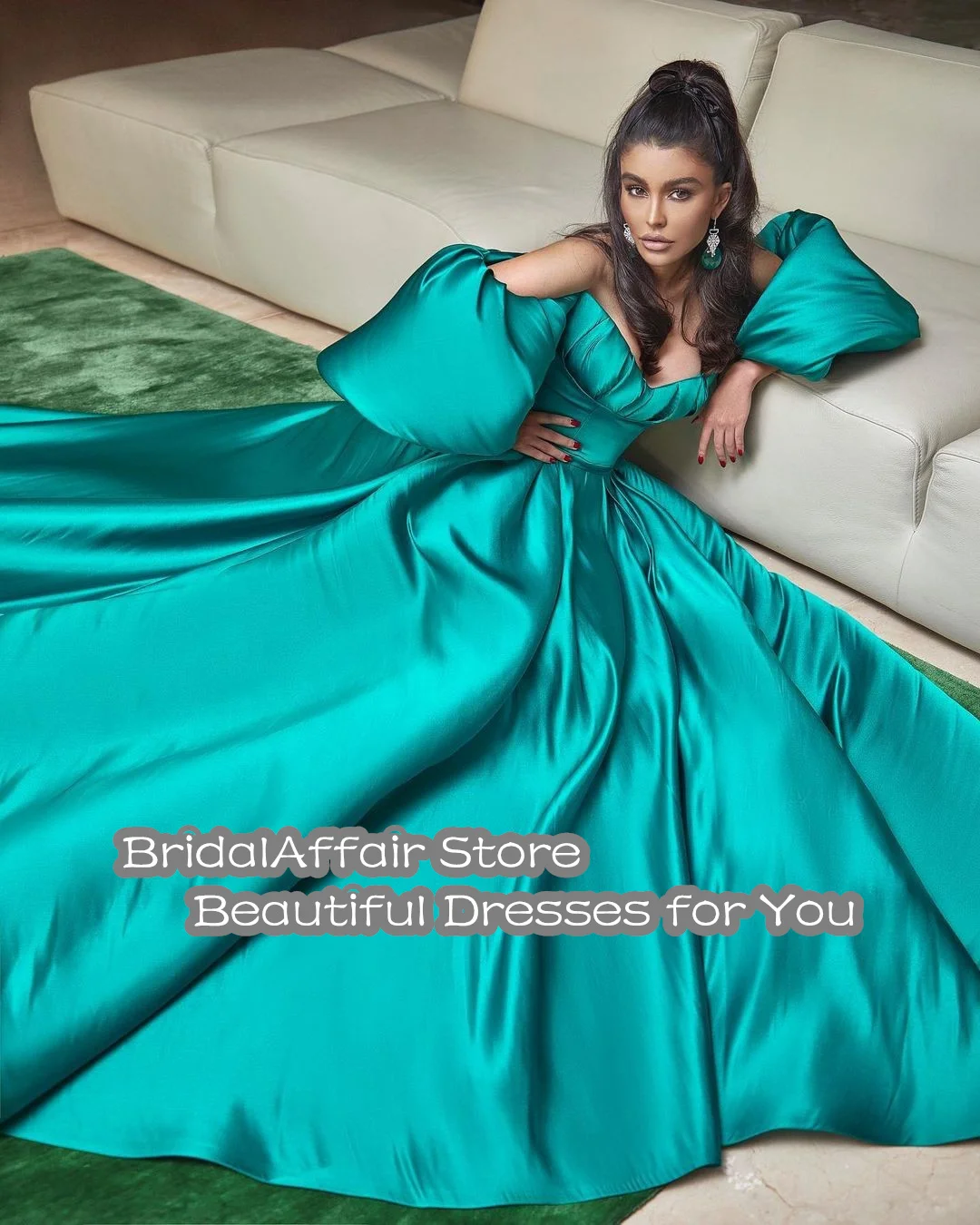 BridalAffair 2022 Elegant Green Satin Prom Dresses Puffy Sleeves Sweetheart Crystals Beaded Long Ball Gown Arabic Evening Gown