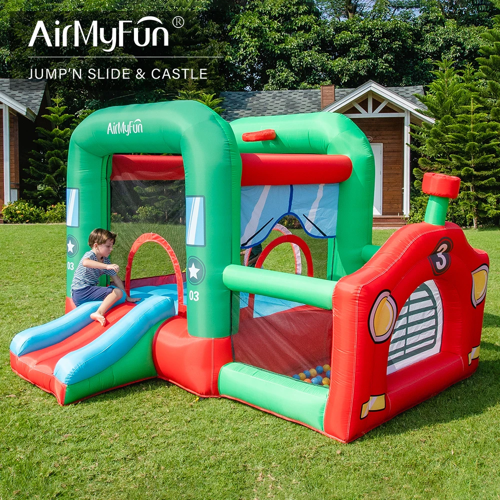 AirMyFun Inflatable Locomotive Bouncy House 10X8.8X6.5 FT Kids Bouncer Castle with Ball Pit, Jump & Slide Bounce Area