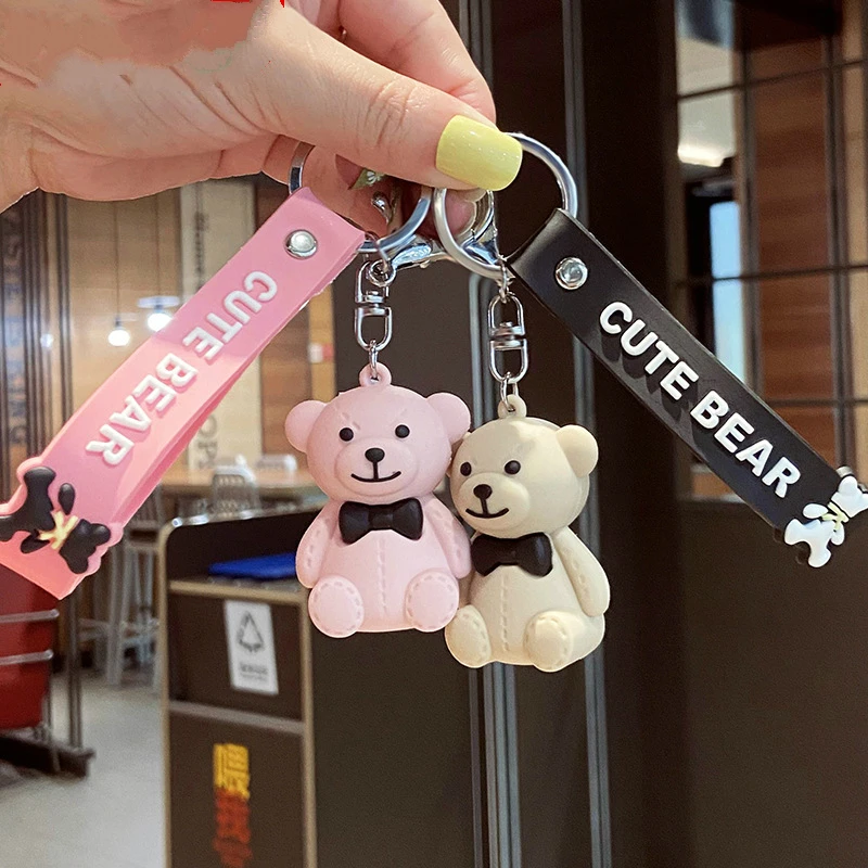 Creative PVC Bow Tie Bear Keychain Pink Beige Brown Pendant Cute Bag Car Keyring Jewelry Lanyard Men Women Couple Gift