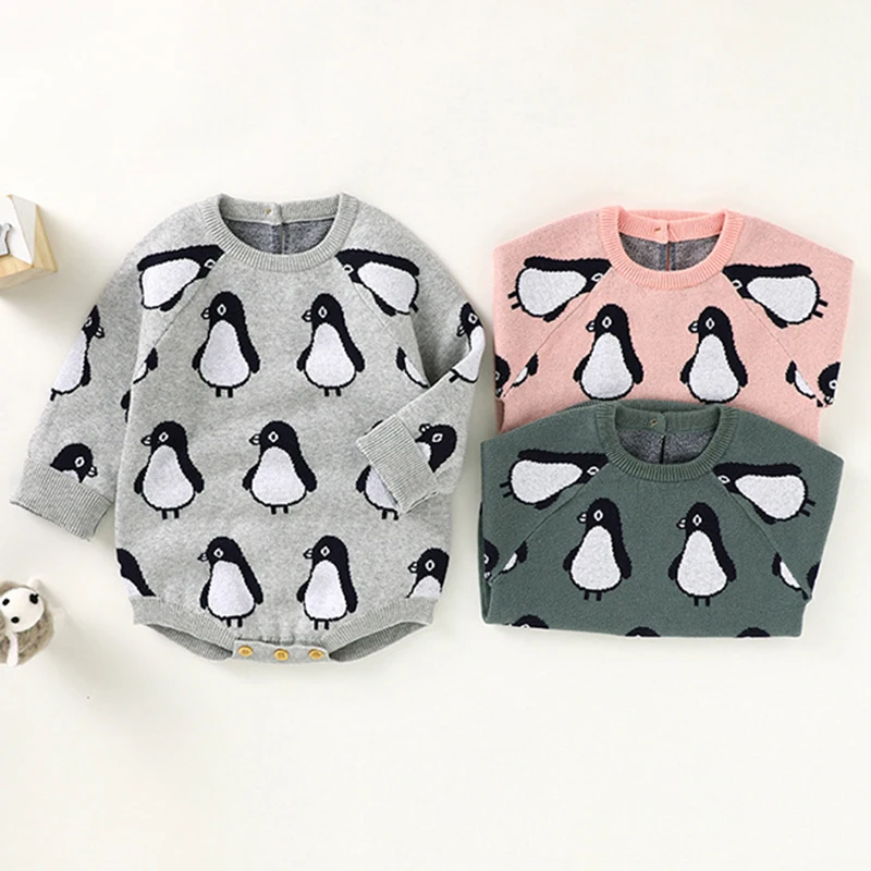 

Infant Kids Baby Clothes Rompers Baby Boy Girl Long Sleeve Penguin Printing Knit Jumpsuit Newborn Baby Boy Girl Rompers
