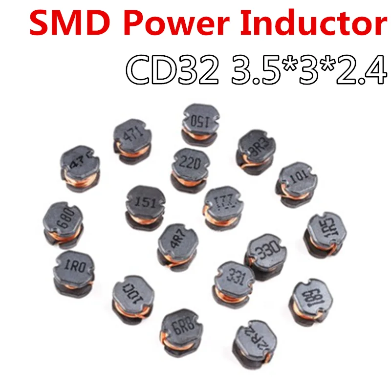 20pcs CD32 SMD power induttore 1R0 1R5 2R2 3R3 4R7 6R8 100 150 220 330 470 680 1 1.5 2.2 3.3 4.7 10 15 22 33 47 68UH 222 2.2MH