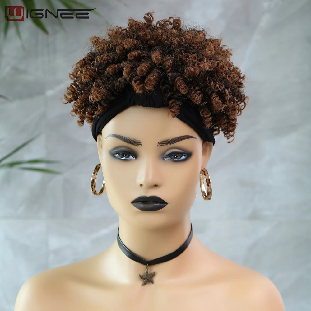 Wignee Afro Kinky Curly Wig Synthetic Ombre Wig Turban Wrap Headband Wigs For Black Women Curly Afro Puff Wigs For Women