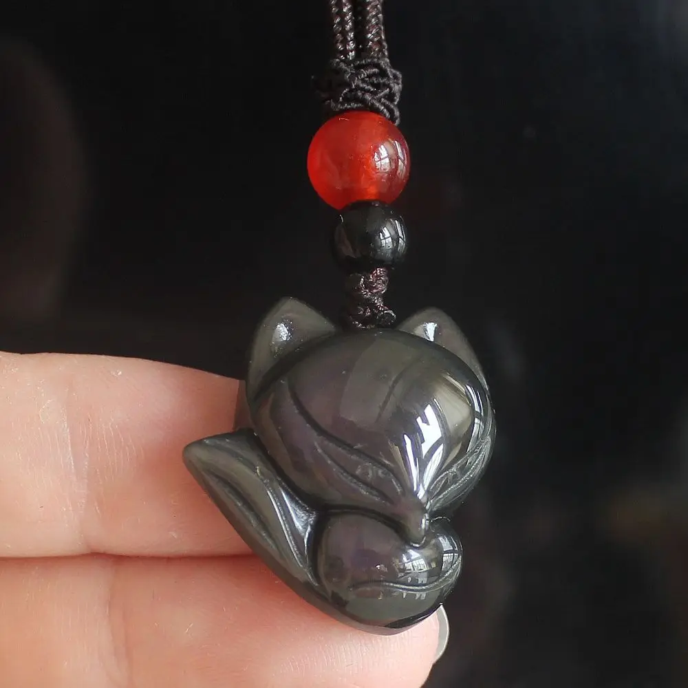 

Natural rainbow Obsidian Crystal big head fox necklace pendant bead with rope chain