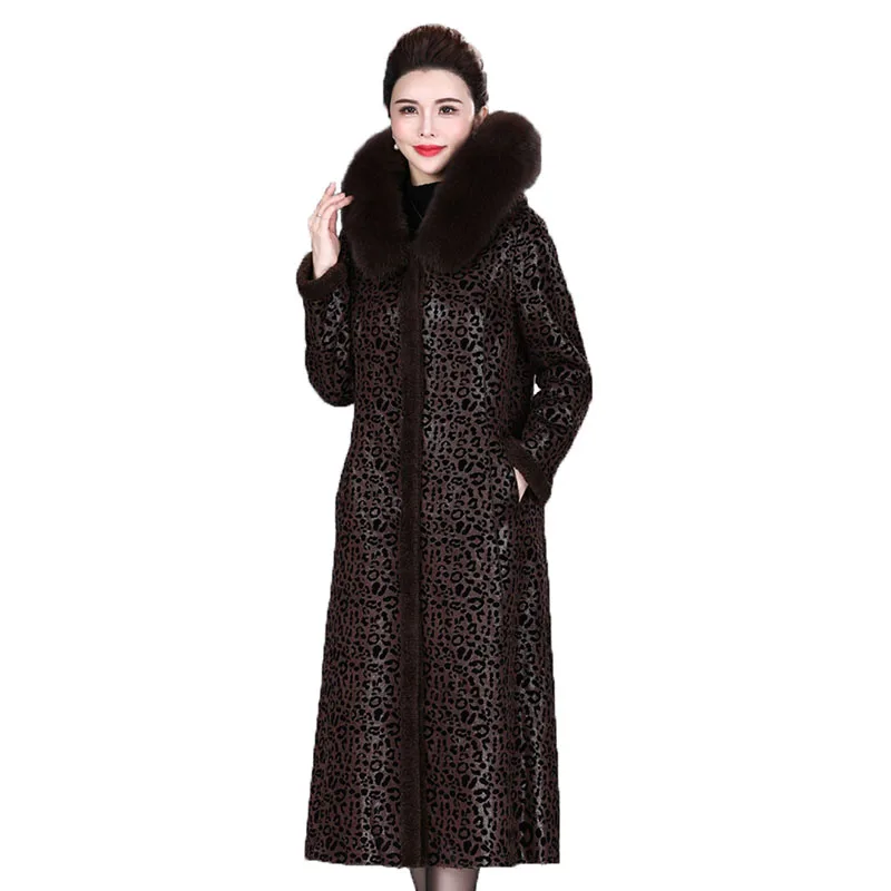 OKXGNZ High Quality Fur Together Coat Women Winter Fox Fur Collar Deerskin Suede X-Long Wool Jacket Double-Faced Wear KW1182