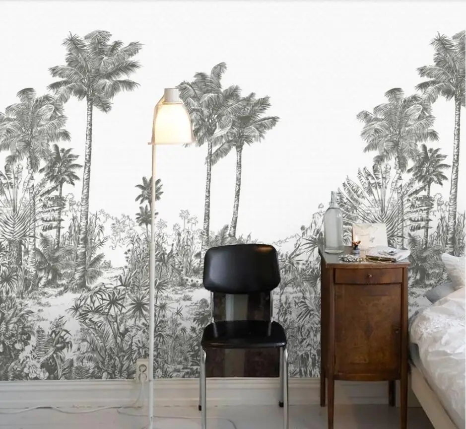 

Пользовательские 3D черно-белый лес настенная роспись ретро ностальгические идиллические фоновые обои с кокосовыми джунглями для украшения дома
