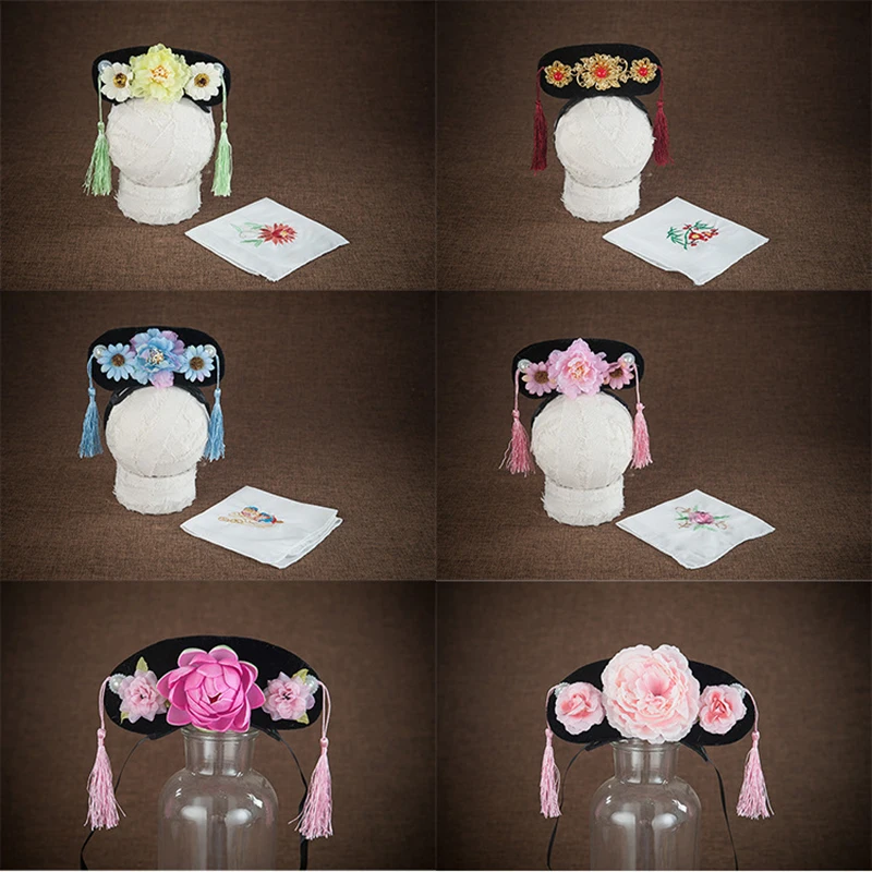 Newborn Baby Photography Props Headwear Chinoiserie Manchurian Headdress Infant Girl Flower Hat Chinese Princess Headwear