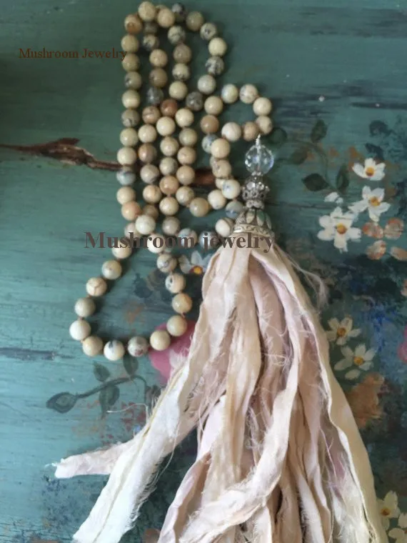 

African Opal Stone Bead Sari Silk Tassel Boho Necklace