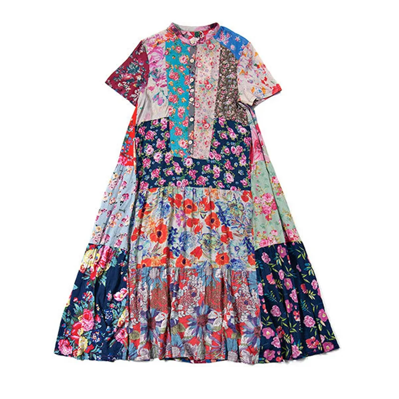 Summer New Cotton Printing Ethnic Style Pannelled Stitching Pastoral Dress Floral Dress Long Dress Women