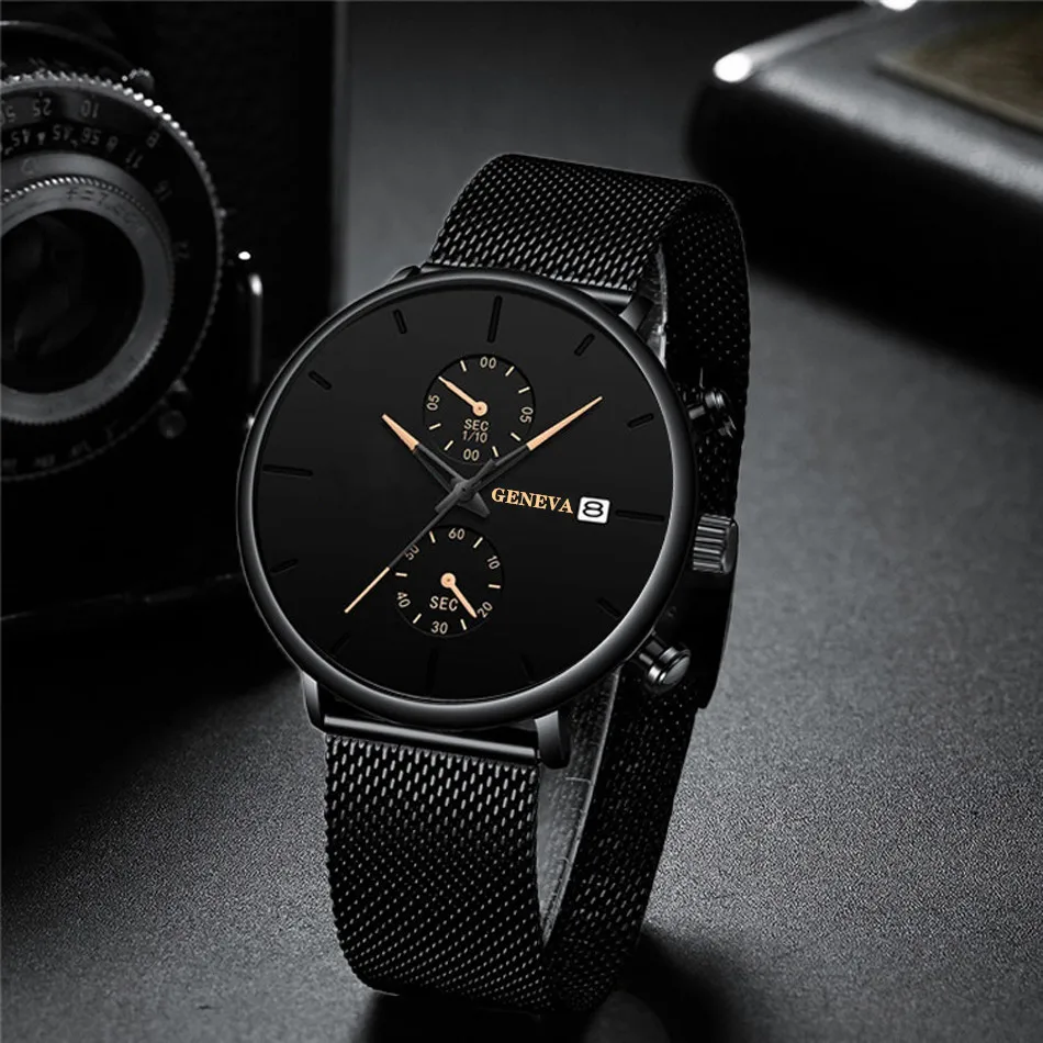 Geneva Luxury Brand Watch Men Black Watches Stainless Steel Mesh Band Auto Date Quartz Wristwatches Men Clock Relogio Masculino