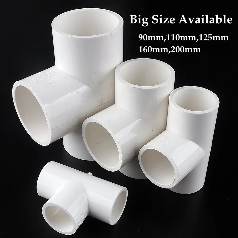 1pc Big Size 63~200mm PVC Pipe Equal Tee 3 Ways Connector Fittings Irrigation System Water Supply White Hard Tube Connectors