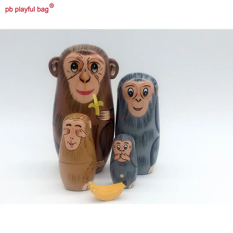 PB Spielerische tasche Fünf schicht affe essen banana Russische puppen handwerk handgemachte holz spielzeug set geburtstag präsentieren HG14