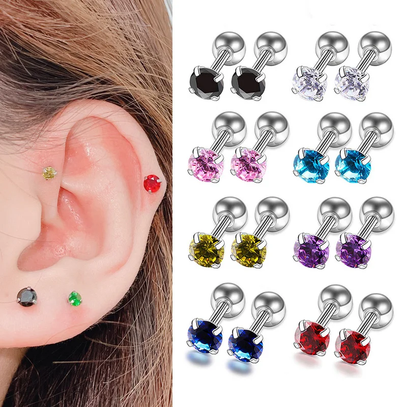 1 Pair 4mm Medical Stainless Steel Multicolor Crystal Stud Earrings for Women Ear Bone Nail Cartilage Earring Body Jewelry Gifts