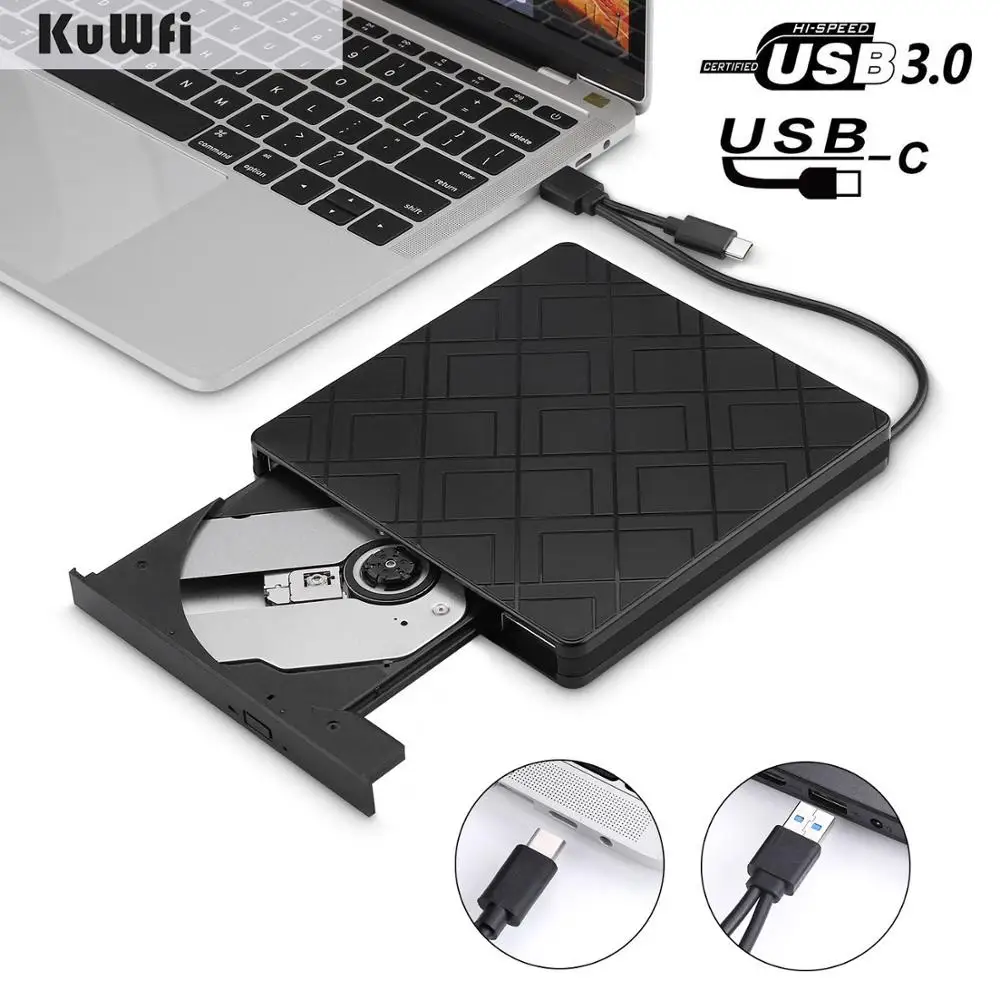 KuWFi External DVD Drive USB3.0 Type C DVD RW CD Rewriter Burner Portable Optical Drive Player For Windows 10 7 8 XP Mac OS