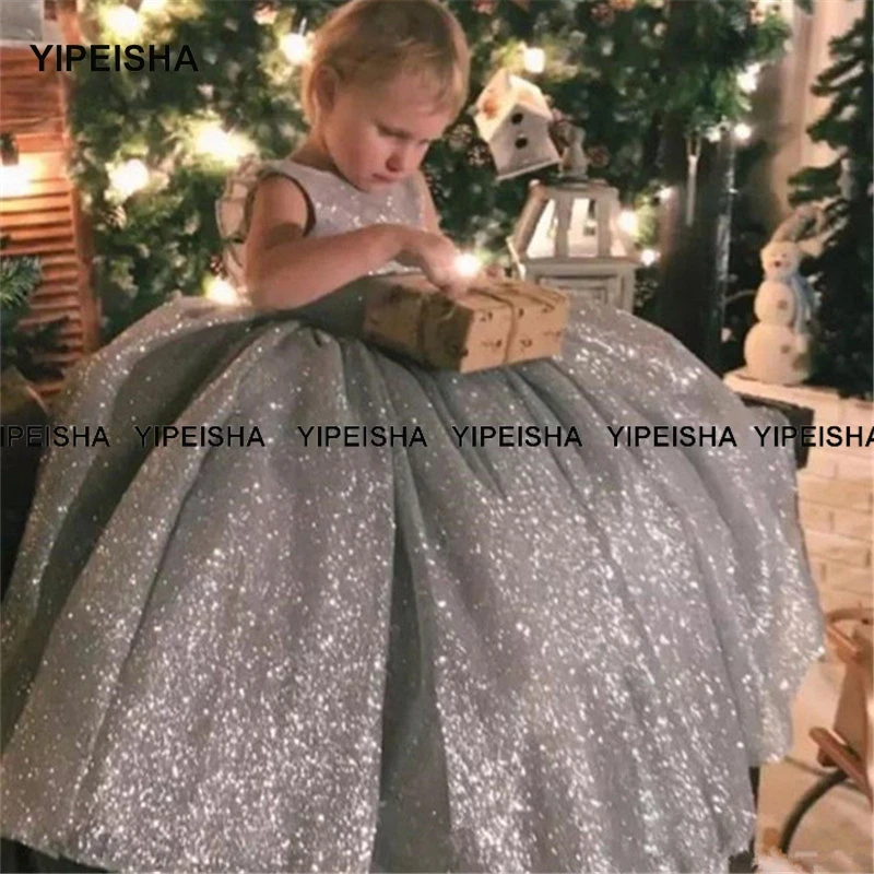 Yipeisha Baljurk Pageant Jurken Voor Meisjes Zilveren Bloem Meisje Jurken Voor Bruiloften Glitter Jewel Sequin Kids Baby Party Gown