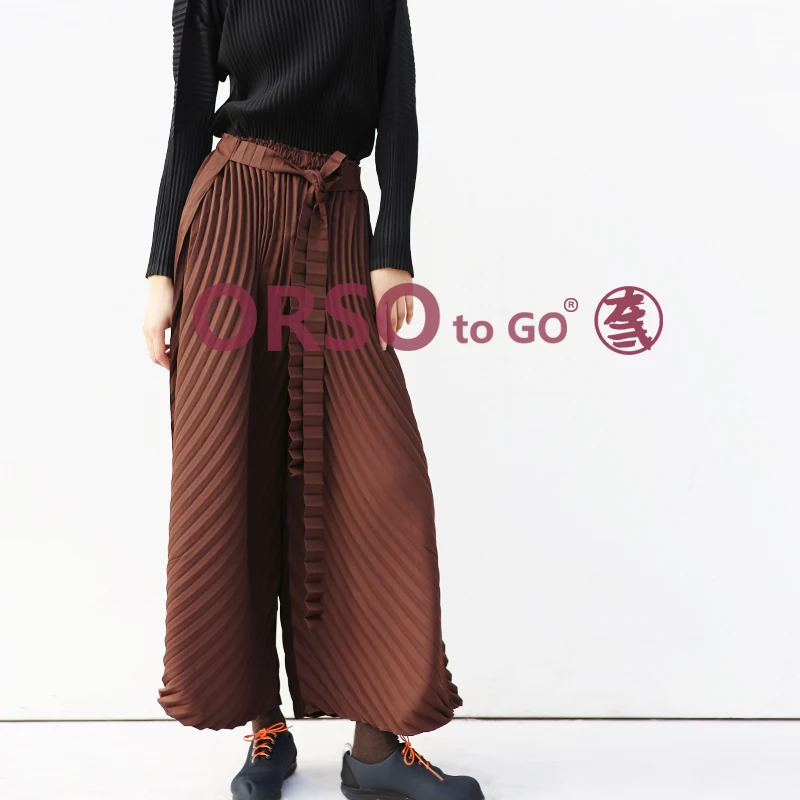 

HOT SELLING Miyake fashion fold high waist all-match solid waistband Pleated Wide leg pants IN STOCK