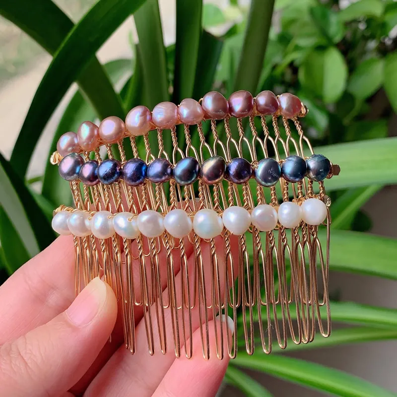 Natural Freshwater Pearl Hair Jewelry for Women Wedding Bridal Hair Accessories Pink Black White Baroque Pearl Comb French Clip