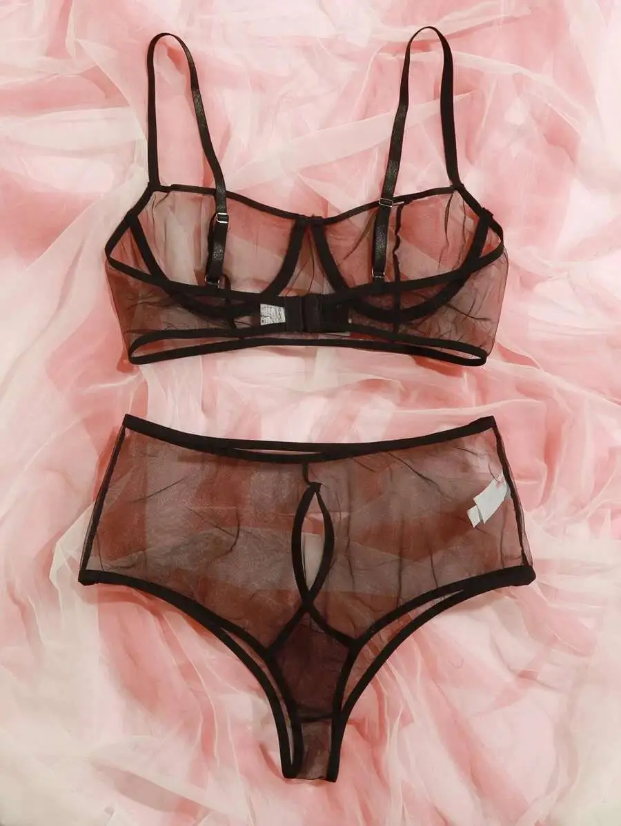 Mesh Underwire Cut-out Lingerie Set Women's sexy lingerie see-through temptation bra set