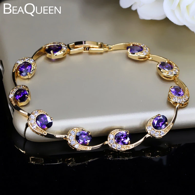 BeaQueen Indian Gold Color Tennis Bracelet Oval Purple Cubic Zirconia Crystal Setting Women Fashion Jewelry for Gift B128